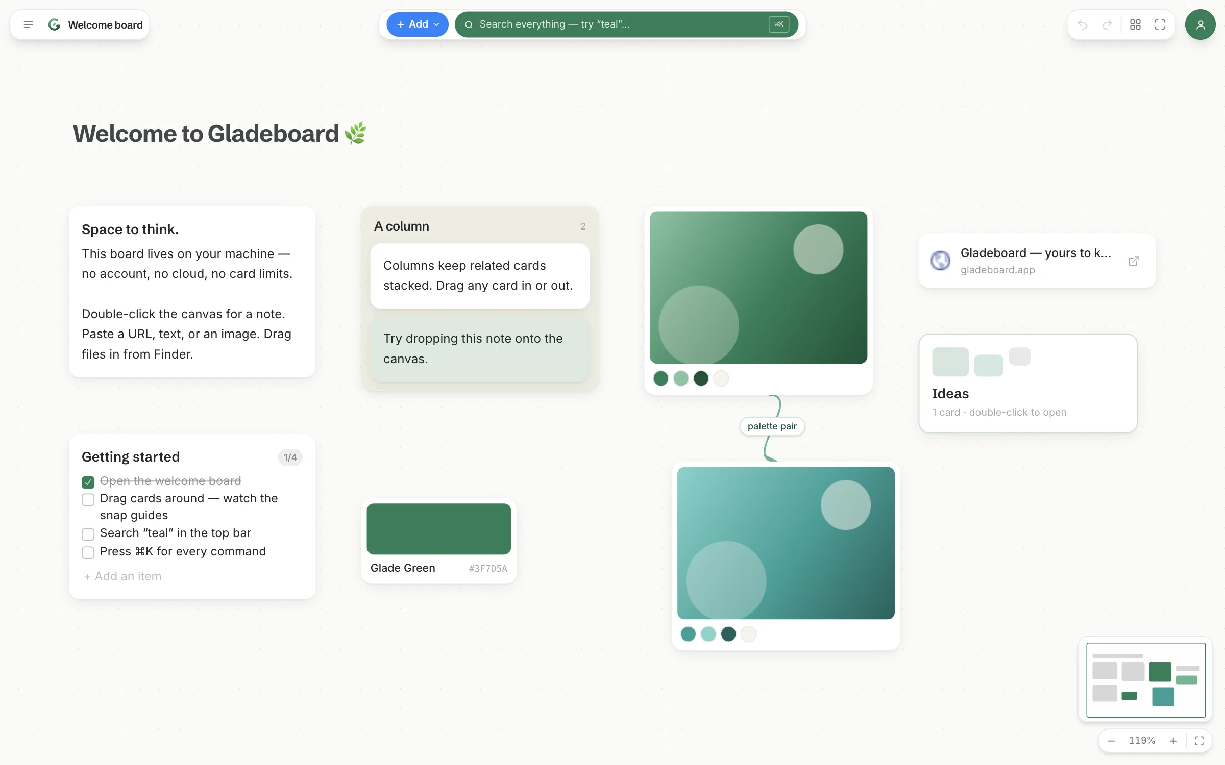 The Gladeboard app: a welcome board with notes, columns, images with extracted palettes, a to-do list, and semantic search