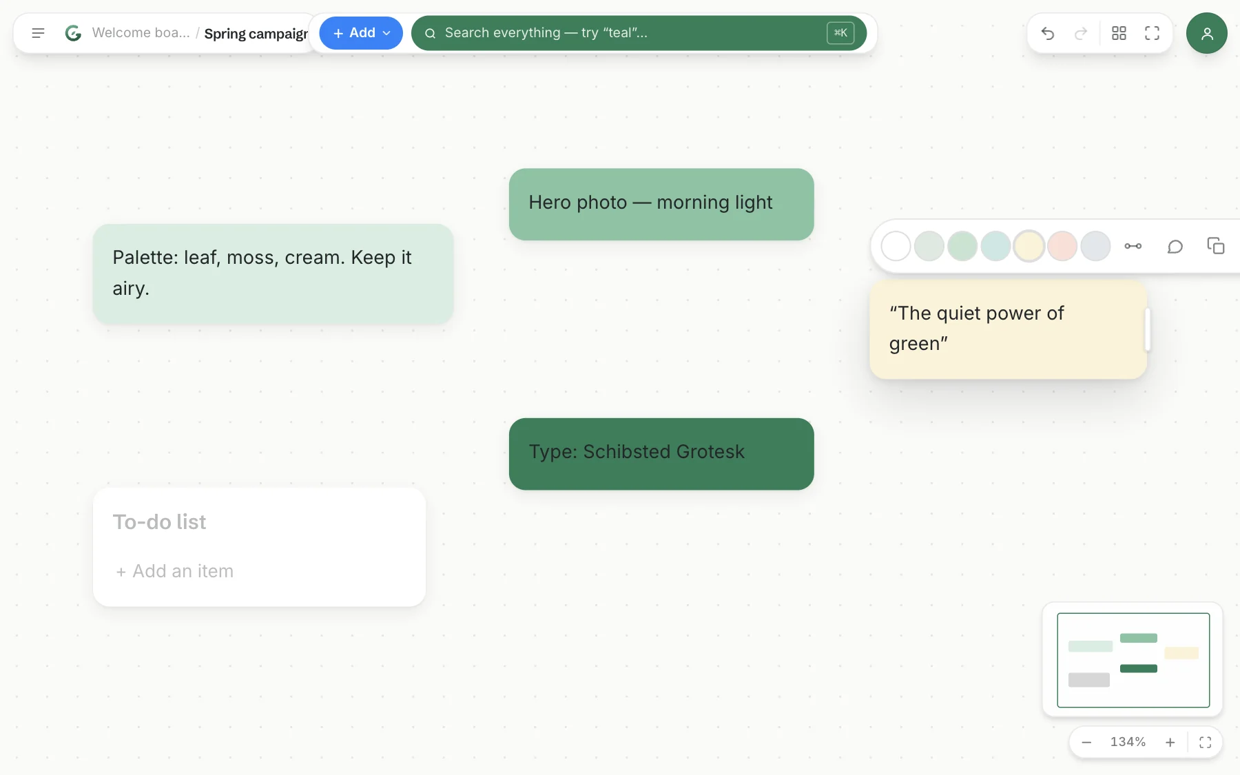 A Gladeboard moodboard with leaf-green notes, a hero-photo card, and a campaign to-do list